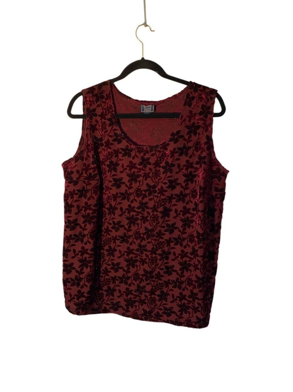Laura Scott women’s burgundy velvet glitter burn out semi sheer tank top 16/18